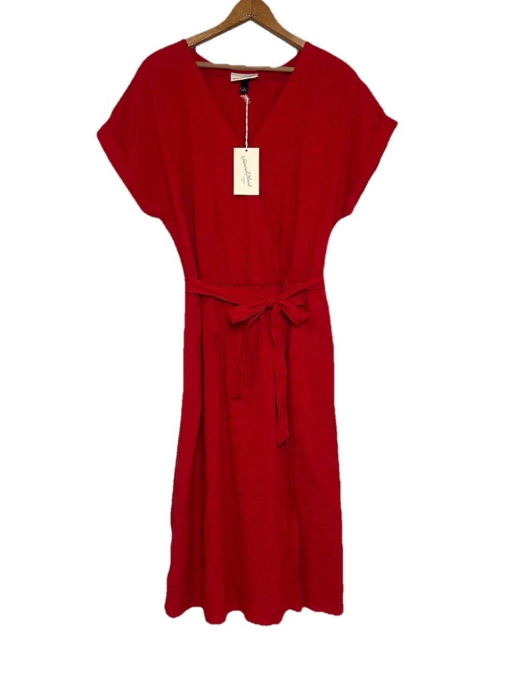 Universal Thread Faux Wrap Midi Dress Red Short Sleeve Tie Waist Size M NWT